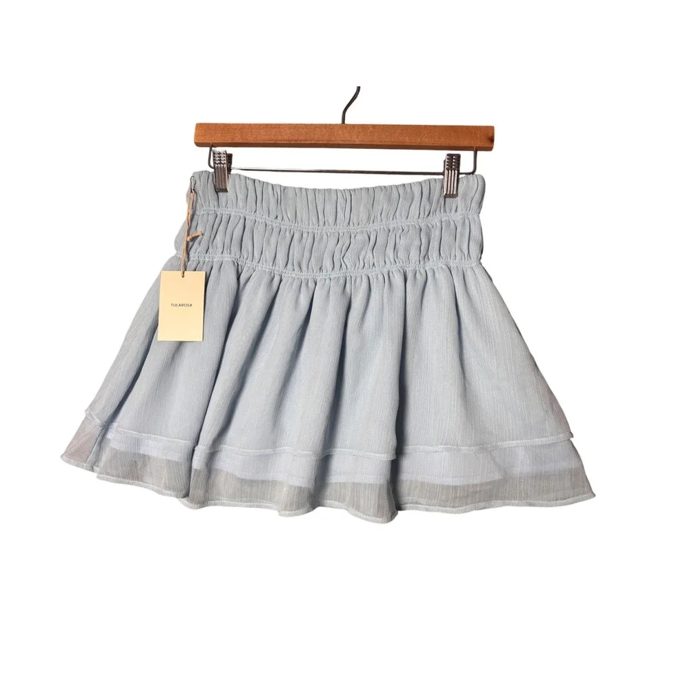 Tularosa Womens Mini Skirt S Blue Smocked Ruffle Tiered Boho Coastal Resortwear